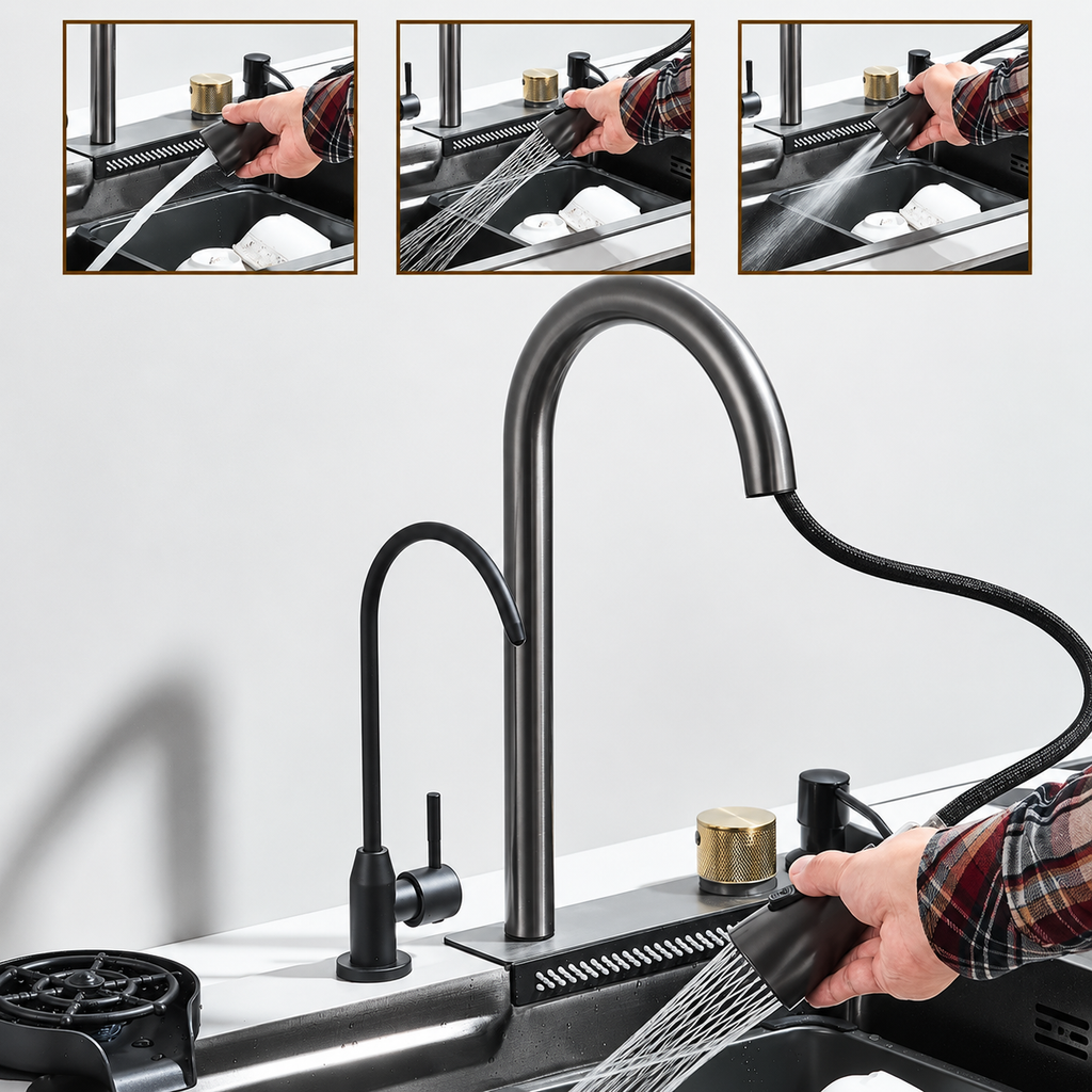 Fregadero Premium de Acero Inoxidable 304 con Cascada y Grifo Multifuncional