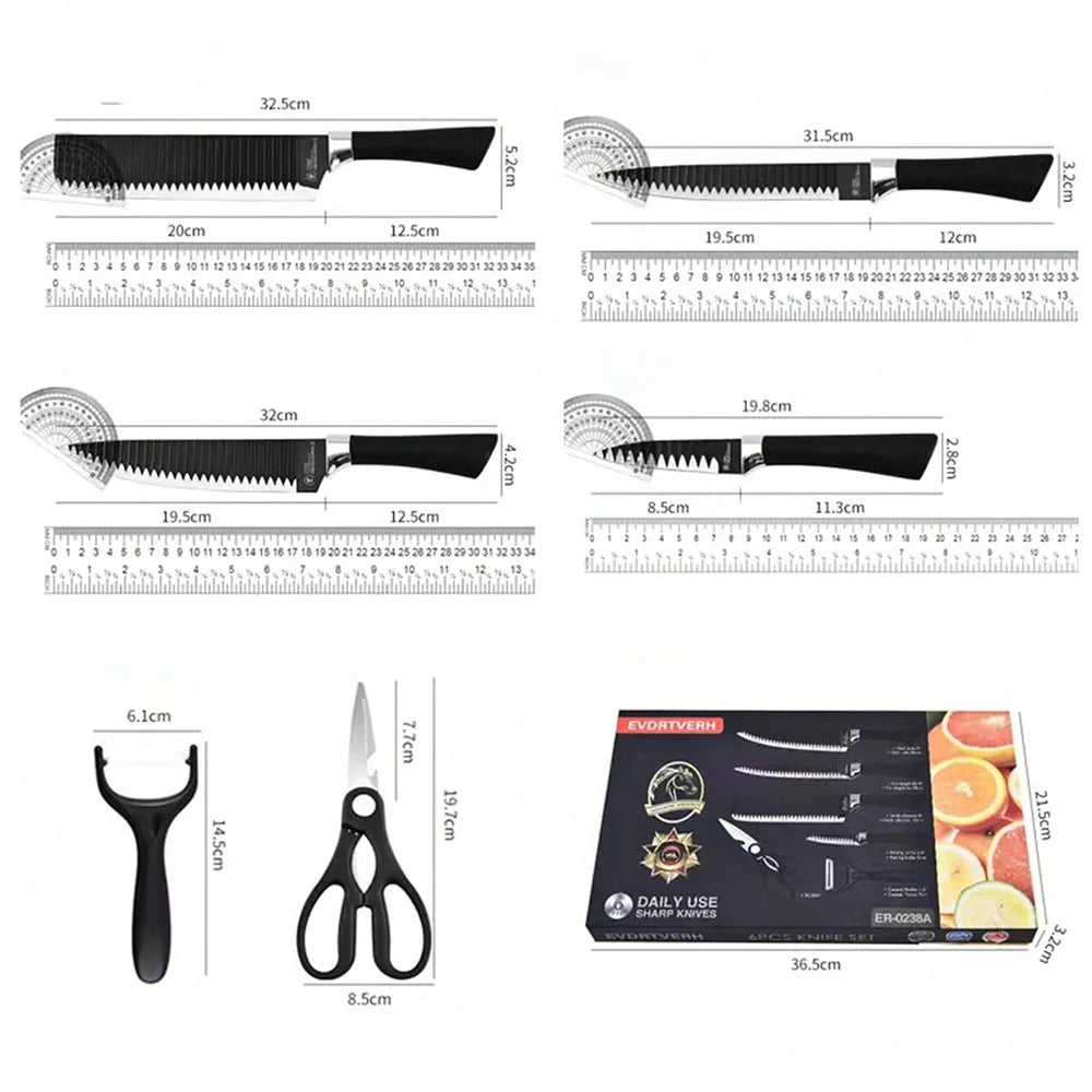 Professional 6-piece Set of carbon steel meat cutting knives and a Set of scissors for peeling vegetables offer