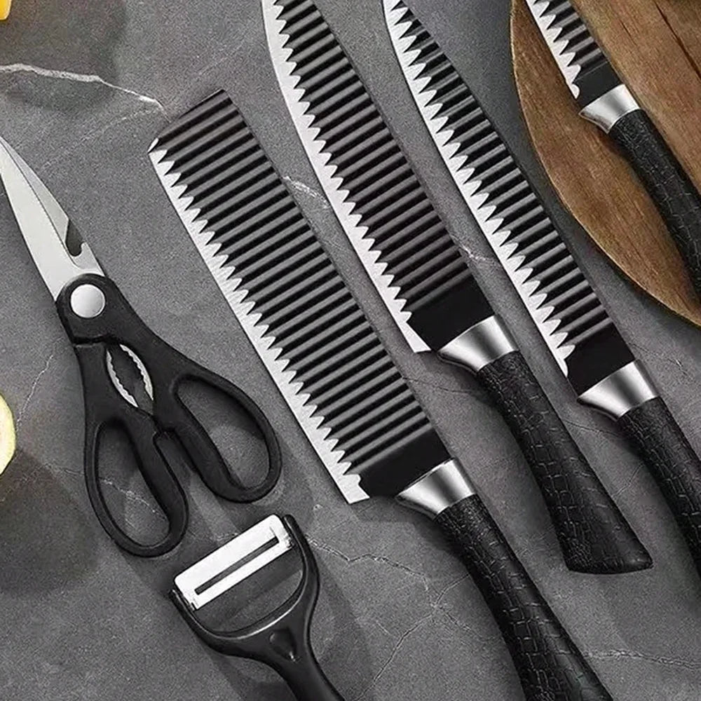 Professional 6-piece Set of carbon steel meat cutting knives and a Set of scissors for peeling vegetables offer
