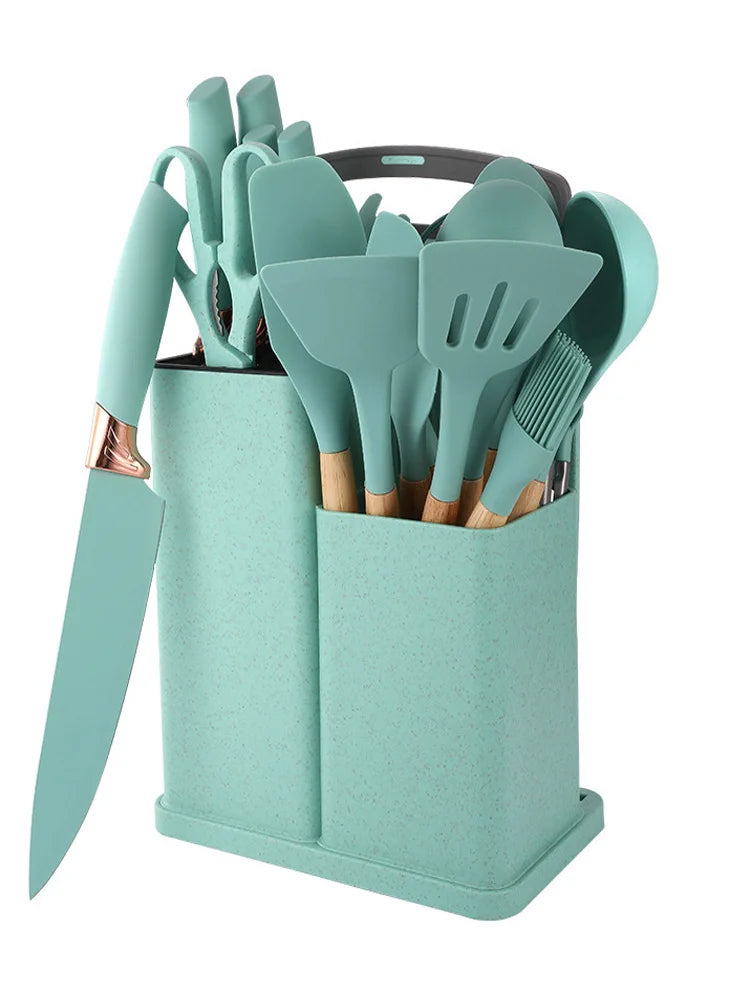 Set de 19 Utensilios de Cocina de Silicona con Mango de Madera