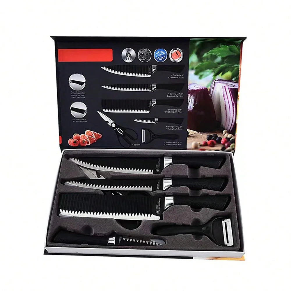Professional 6-piece Set of carbon steel meat cutting knives and a Set of scissors for peeling vegetables offer