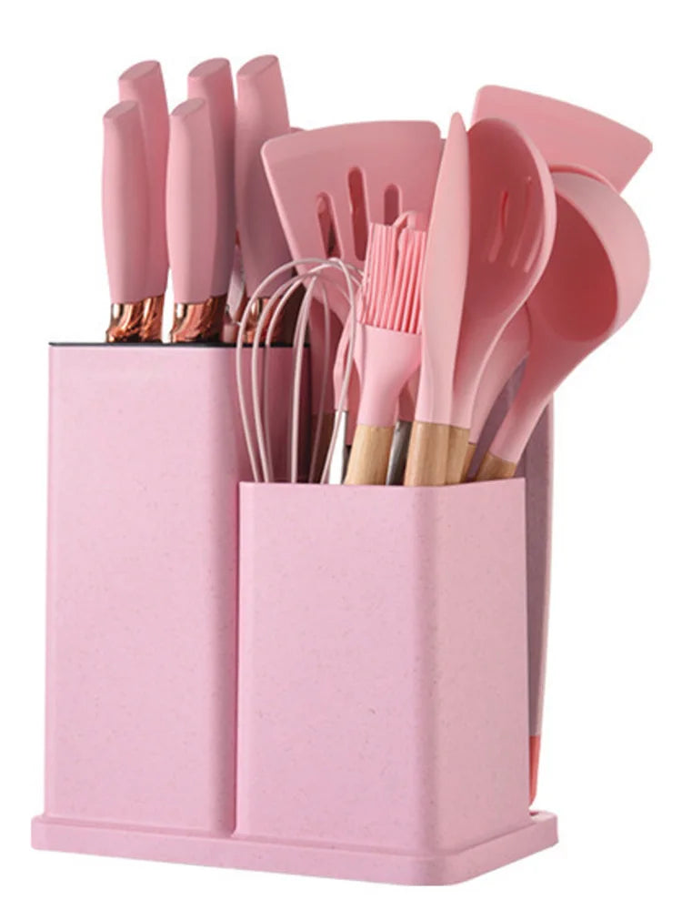 Set de 19 Utensilios de Cocina de Silicona con Mango de Madera