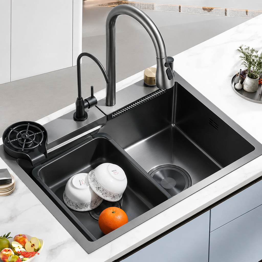 Fregadero Premium de Acero Inoxidable 304 con Cascada y Grifo Multifuncional