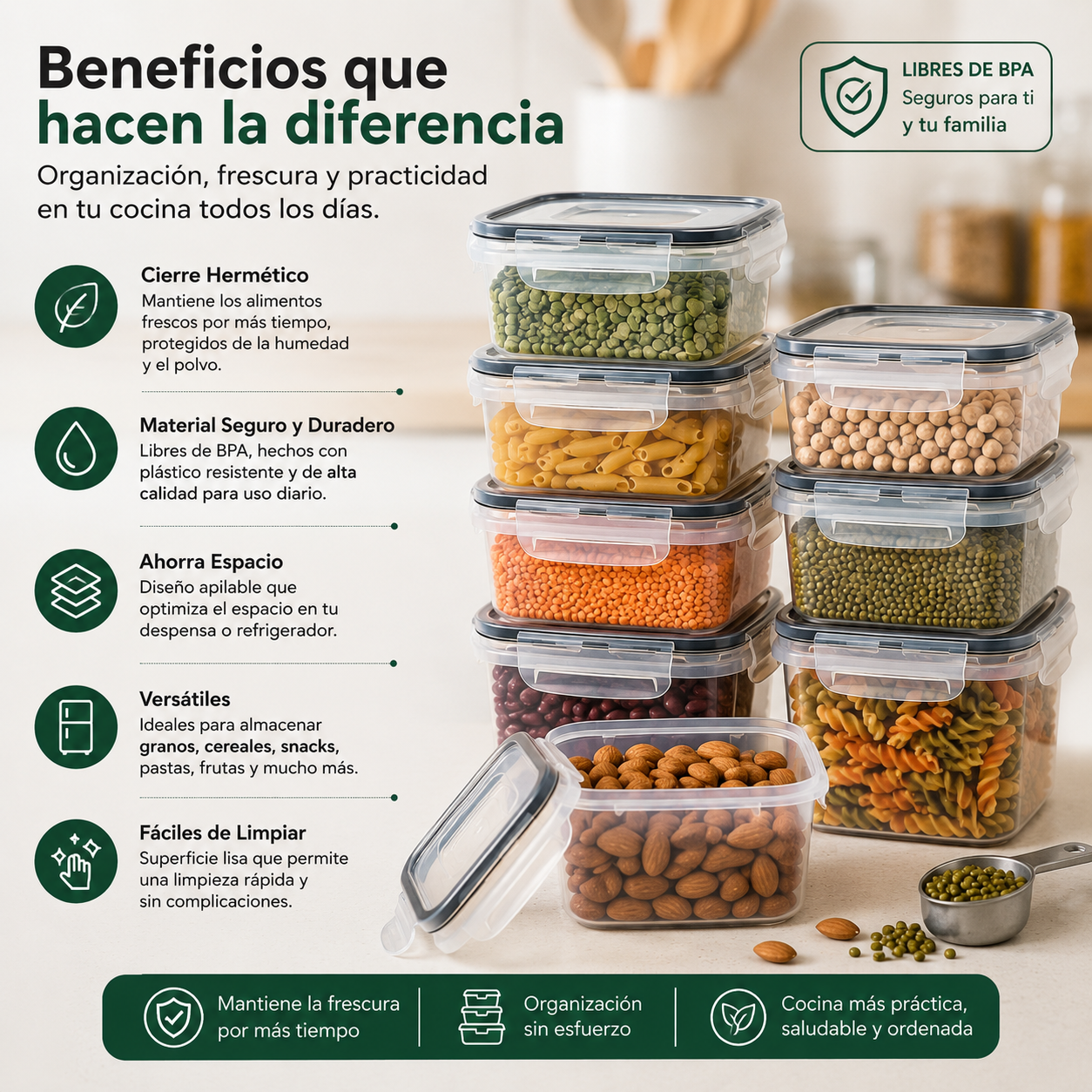Set de 8 Recipientes Herméticos para Cocina | Ahorra Espacio y Mantén los Alimentos Frescos