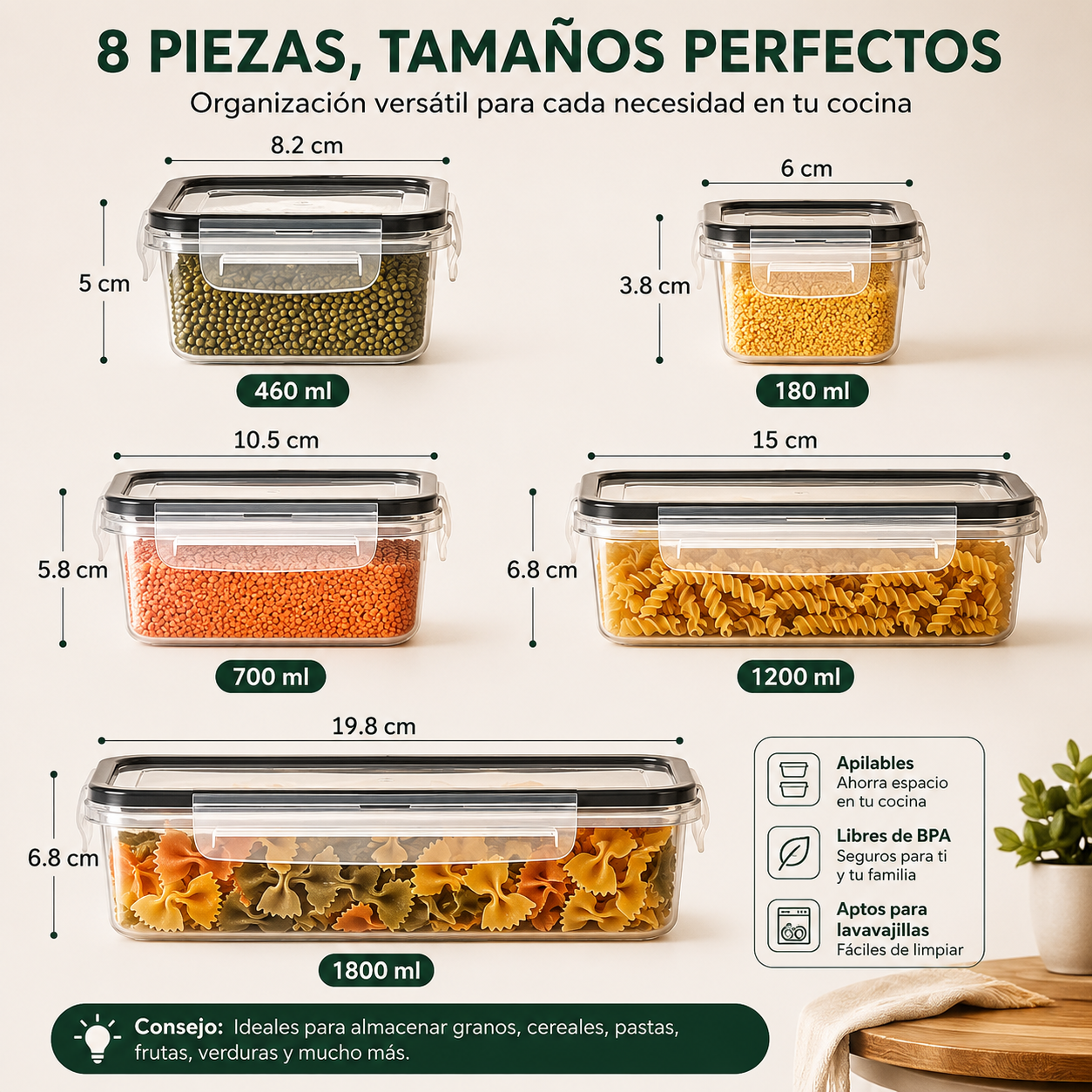 Set de 8 Recipientes Herméticos para Cocina | Ahorra Espacio y Mantén los Alimentos Frescos