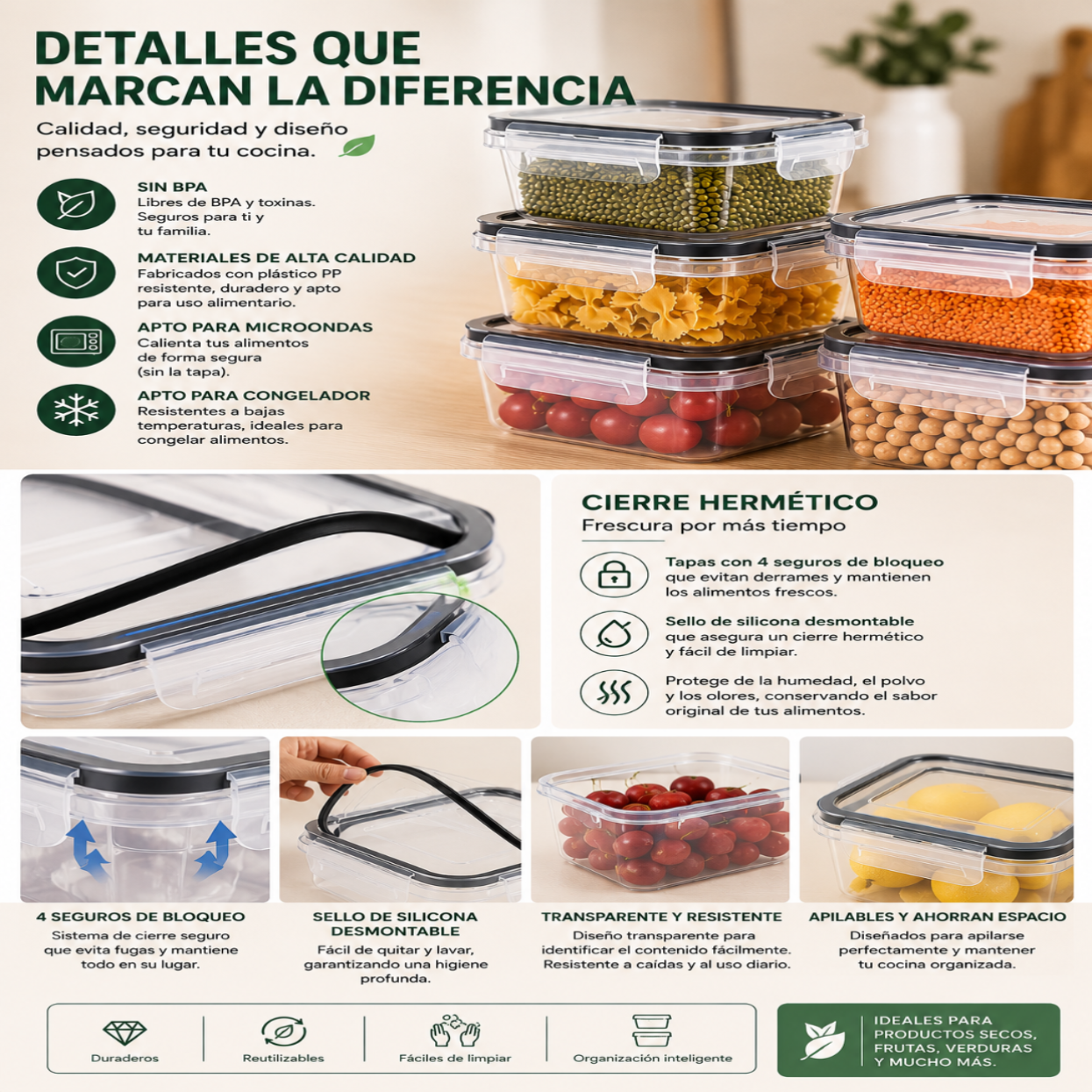 Set de 8 Recipientes Herméticos para Cocina | Ahorra Espacio y Mantén los Alimentos Frescos