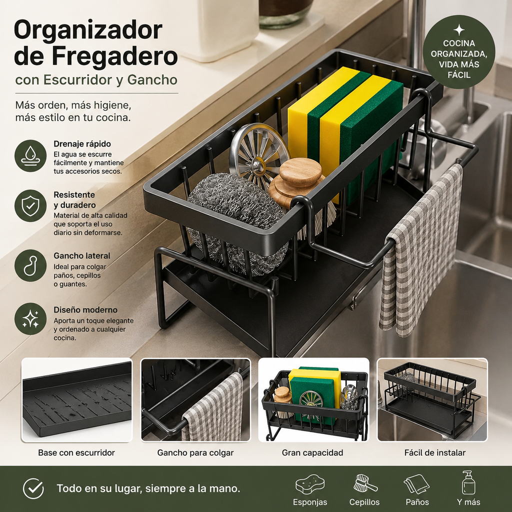 Organizador de Fregadero con Escurridor y Gancho
