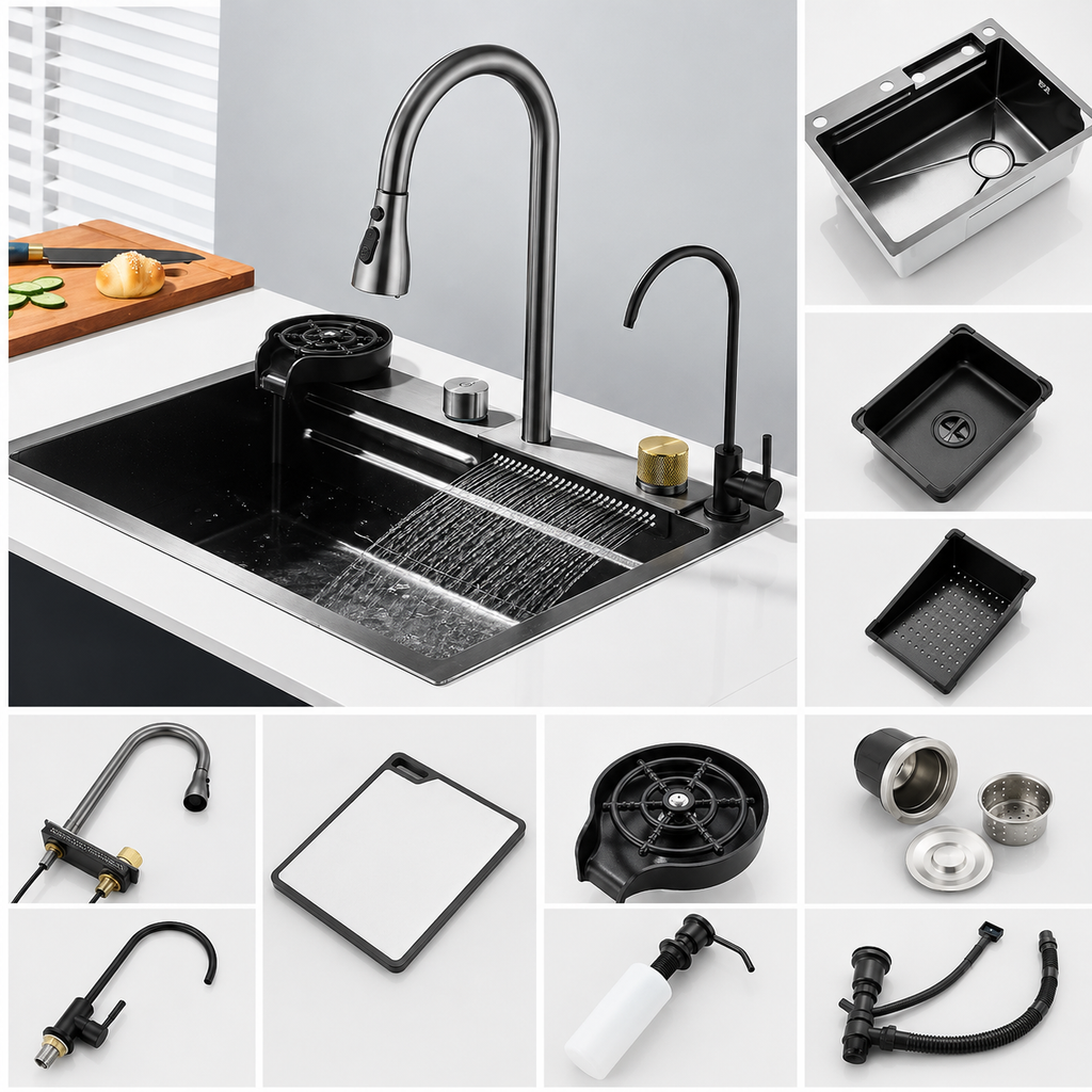 Fregadero Premium de Acero Inoxidable 304 con Cascada y Grifo Multifuncional