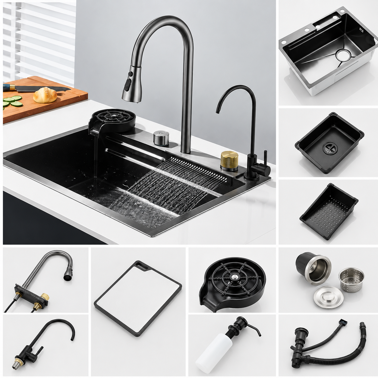 Fregadero Premium de Acero Inoxidable 304 con Cascada y Grifo Multifuncional