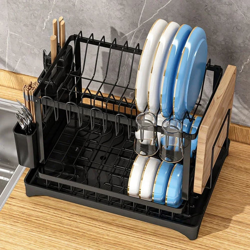 2-Tier Rustproof Metal Dish Drying Rack Multifunctional Space-Saving Kitchen Organizer with Drainboard Utensil Holder Kitchen