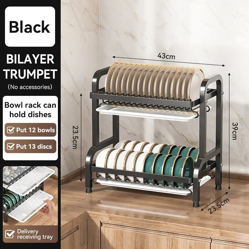2/3-Tier Carbon Steel Dish Rack with Utensil Holder Compact Rustproof Kitchen dishes dryer Countertop Organizer & Drying Drainer