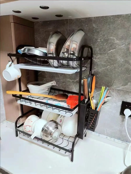 2/3-Tier Carbon Steel Dish Rack with Utensil Holder Compact Rustproof Kitchen dishes dryer Countertop Organizer & Drying Drainer