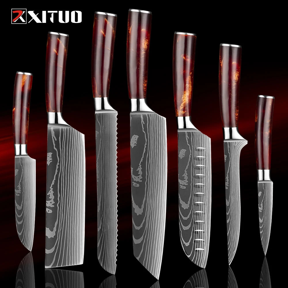 XITUO 1-8Piece Kitchen knife Set 7Cr17Mov Stainless Steel Chef Knife Ultra Sharp Santoku Cleaver Utility Knife Cooking Knives