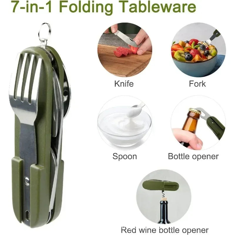 7 in 1 Multifunctional Outdoor Camp Tableware Survival Tools Stainless Steel Foldable Fork Spoon Knife Picnic Camping Dinnerware