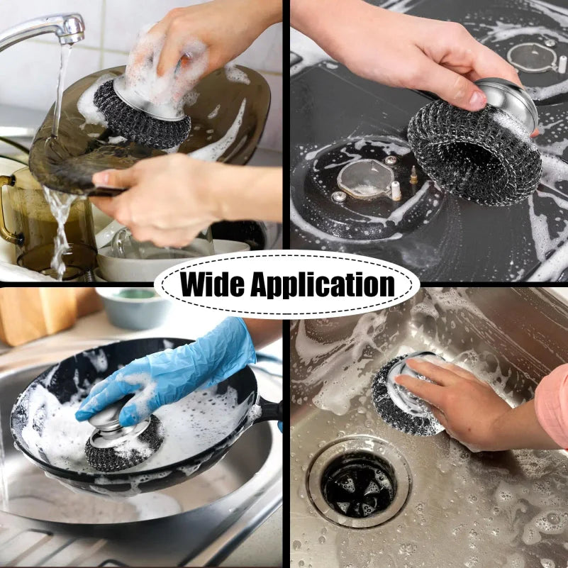 1-10PCS Stainless Steel Pot Brush with Handle Heavy Duty Dishwashing Wire Ball Metal Scrubber for Home Kitchen Cleaning Tool