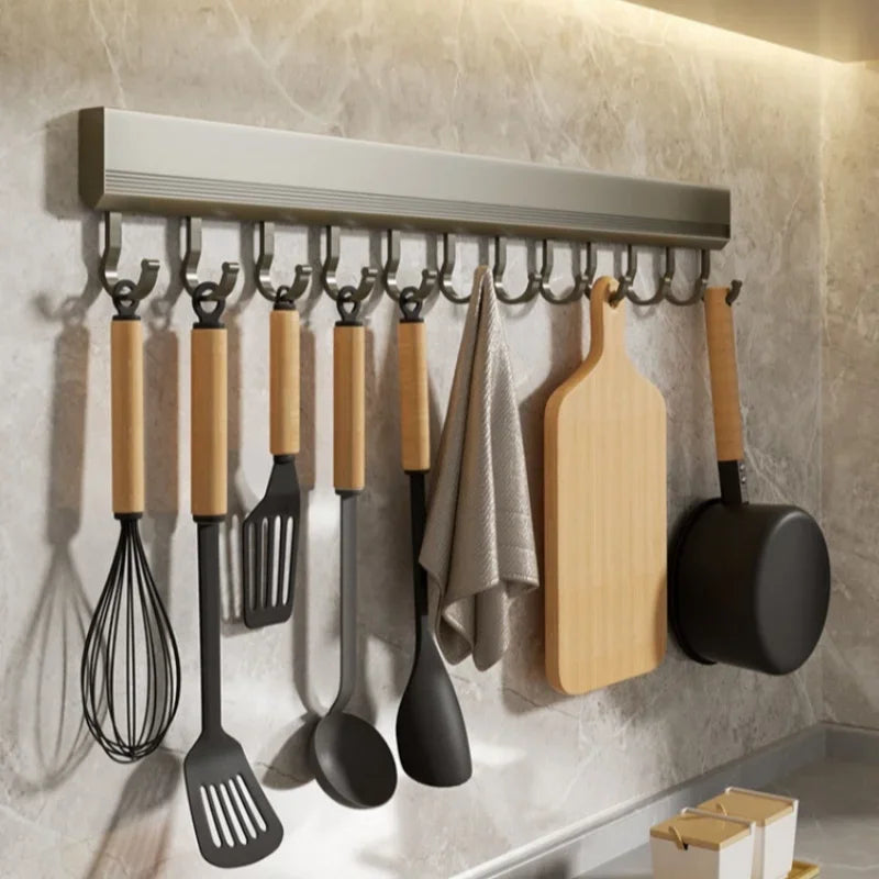 Kitchen Hooks Rack Wall Mounted Drill-free Kitchen Utensils Storage Row Hook Holder Bathroom Robe Towel Coat Hangers