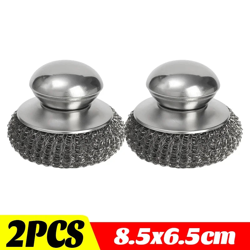 1-10PCS Stainless Steel Pot Brush with Handle Heavy Duty Dishwashing Wire Ball Metal Scrubber for Home Kitchen Cleaning Tool