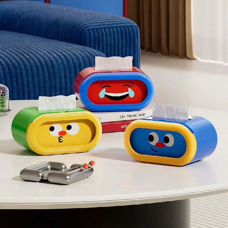 Large-Capacity Cartoon Tissue Box Pull-Out Design Interchangeable Expression Facial Tissue Holder Funny Space-saving