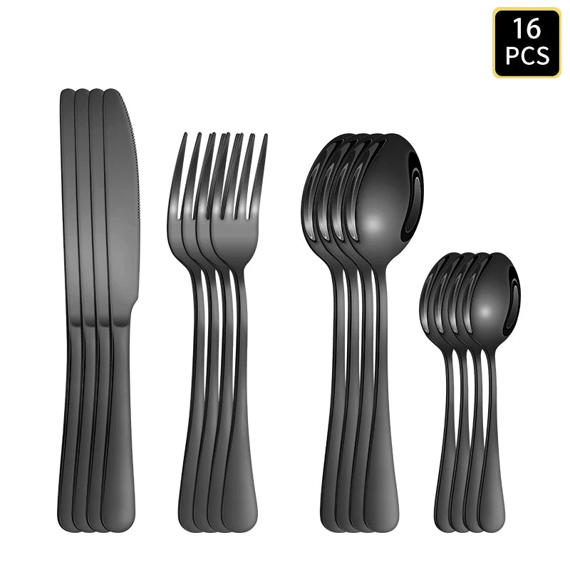 4/6/16/24pcs Black stainless steel cutlery 1010 round handle knife, fork and spoon cutlery set suitable for home and hotel