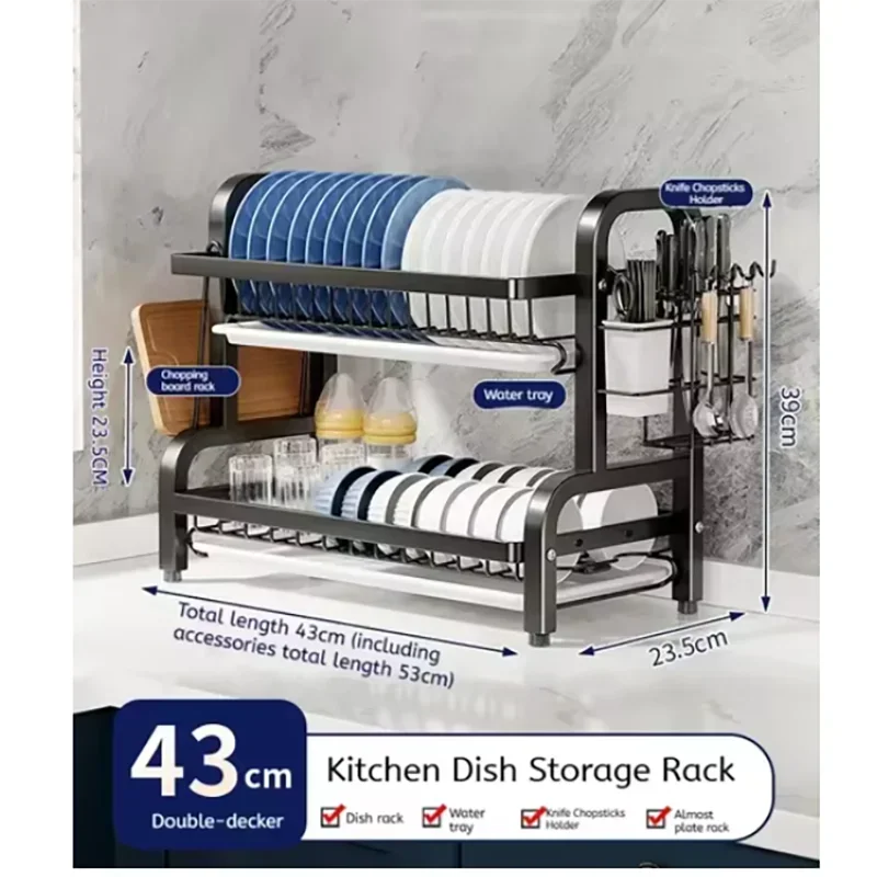 2/3-Tier Carbon Steel Dish Rack with Utensil Holder Compact Rustproof Kitchen dishes dryer Countertop Organizer & Drying Drainer