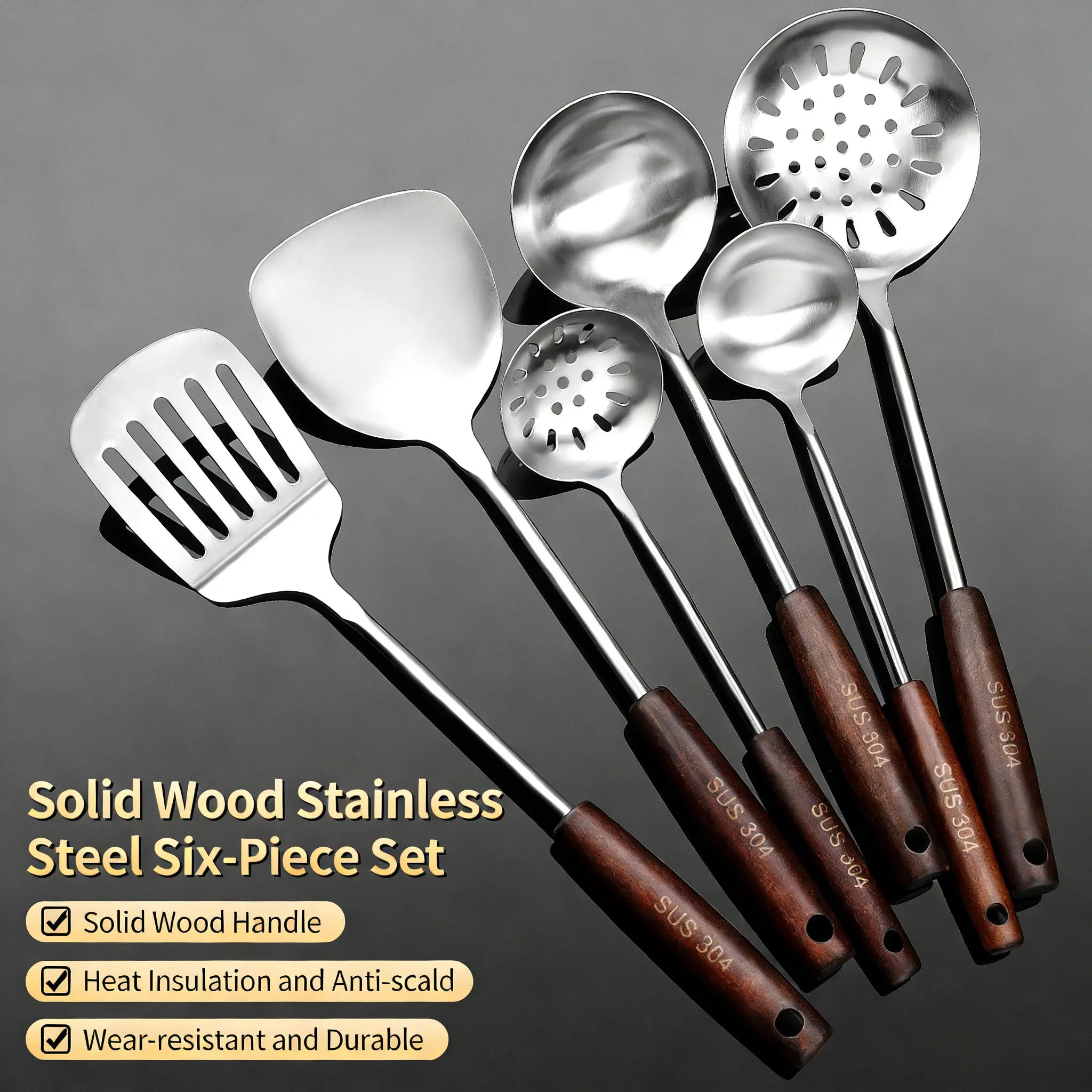 High Quality Professional 304 Stainless Steel Cooking Utensil Set - Heavy Duty Spatula, Spoon & Colander for Kitchen & Chefs