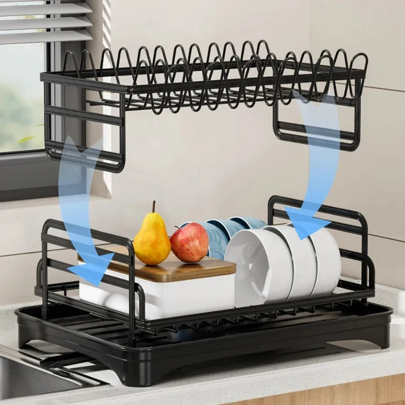 2-Tier Rustproof Metal Dish Drying Rack Multifunctional Space-Saving Kitchen Organizer with Drainboard Utensil Holder Kitchen