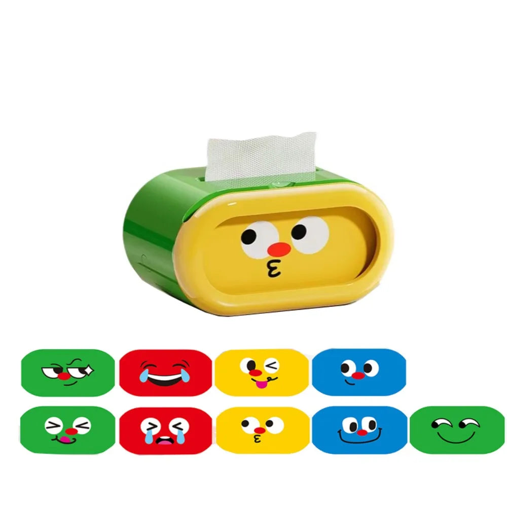 Large-Capacity Cartoon Tissue Box Pull-Out Design Interchangeable Expression Facial Tissue Holder Funny Space-saving