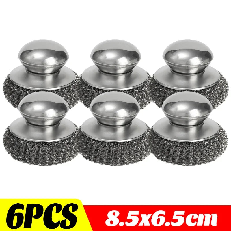 1-10PCS Stainless Steel Pot Brush with Handle Heavy Duty Dishwashing Wire Ball Metal Scrubber for Home Kitchen Cleaning Tool