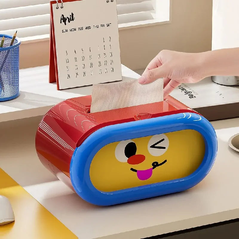 Large-Capacity Cartoon Tissue Box Pull-Out Design Interchangeable Expression Facial Tissue Holder Funny Space-saving