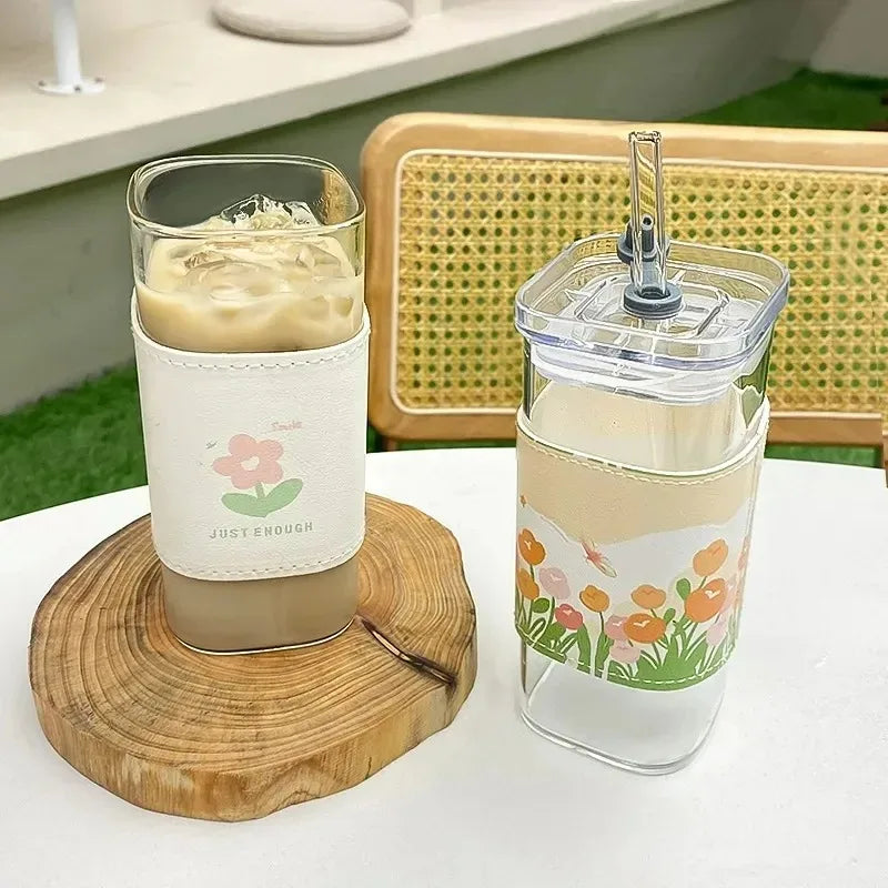 Taza de Vidrio Resistente al Calor con Tapa y Popote