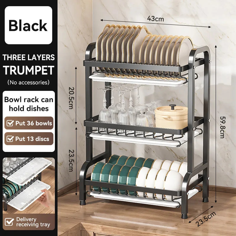 2/3-Tier Carbon Steel Dish Rack with Utensil Holder Compact Rustproof Kitchen dishes dryer Countertop Organizer & Drying Drainer