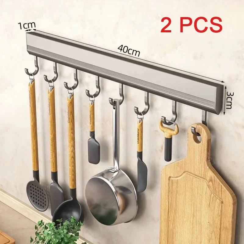 Kitchen Hooks Rack Wall Mounted Drill-free Kitchen Utensils Storage Row Hook Holder Bathroom Robe Towel Coat Hangers
