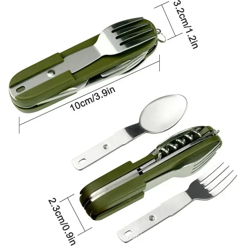 7 in 1 Multifunctional Outdoor Camp Tableware Survival Tools Stainless Steel Foldable Fork Spoon Knife Picnic Camping Dinnerware