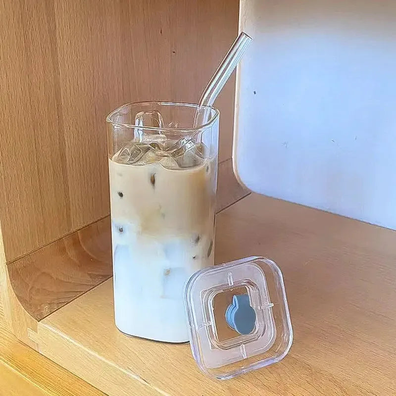 Taza de Vidrio Resistente al Calor con Tapa y Popote