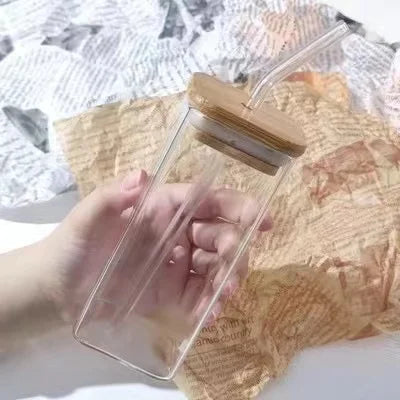Taza de Vidrio Resistente al Calor con Tapa y Popote