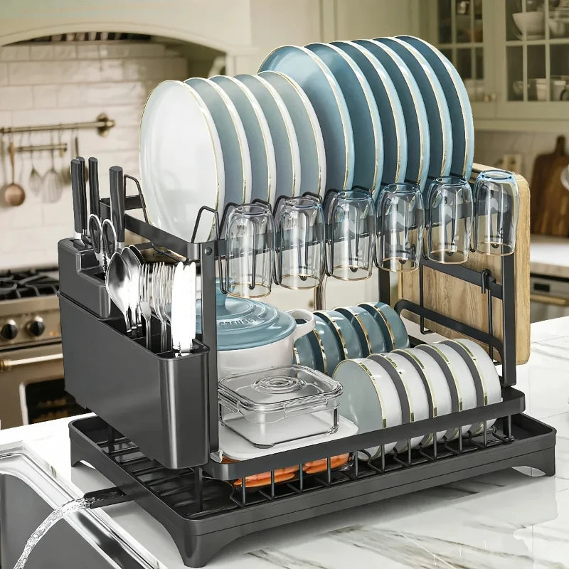 2-Tier Rustproof Metal Dish Drying Rack Multifunctional Space-Saving Kitchen Organizer with Drainboard Utensil Holder Kitchen