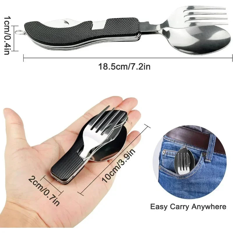 7 in 1 Multifunctional Outdoor Camp Tableware Survival Tools Stainless Steel Foldable Fork Spoon Knife Picnic Camping Dinnerware