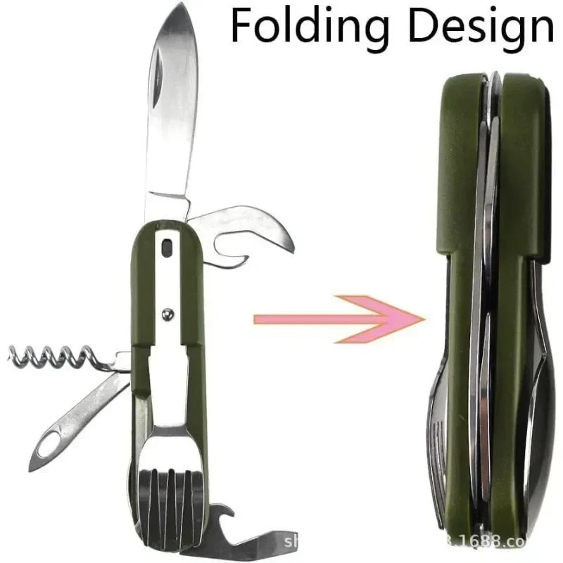 7 in 1 Multifunctional Outdoor Camp Tableware Survival Tools Stainless Steel Foldable Fork Spoon Knife Picnic Camping Dinnerware