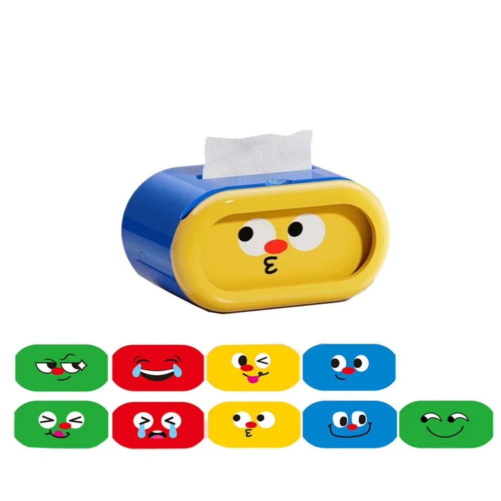 Large-Capacity Cartoon Tissue Box Pull-Out Design Interchangeable Expression Facial Tissue Holder Funny Space-saving