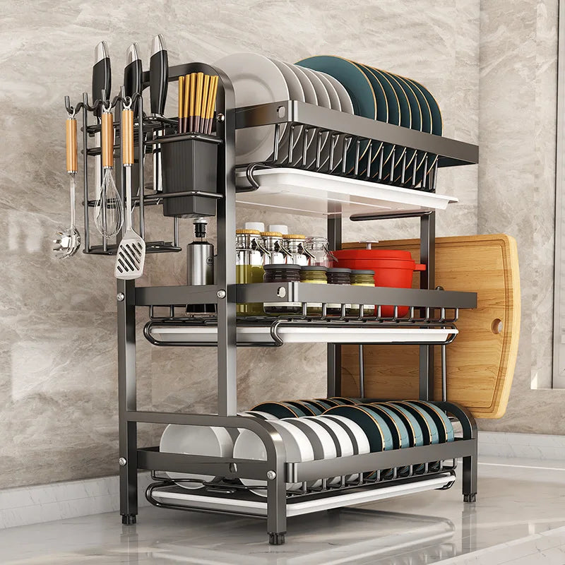 2/3-Tier Carbon Steel Dish Rack with Utensil Holder Compact Rustproof Kitchen dishes dryer Countertop Organizer & Drying Drainer