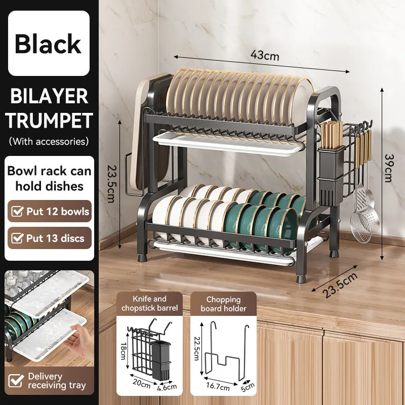 2/3-Tier Carbon Steel Dish Rack with Utensil Holder Compact Rustproof Kitchen dishes dryer Countertop Organizer & Drying Drainer
