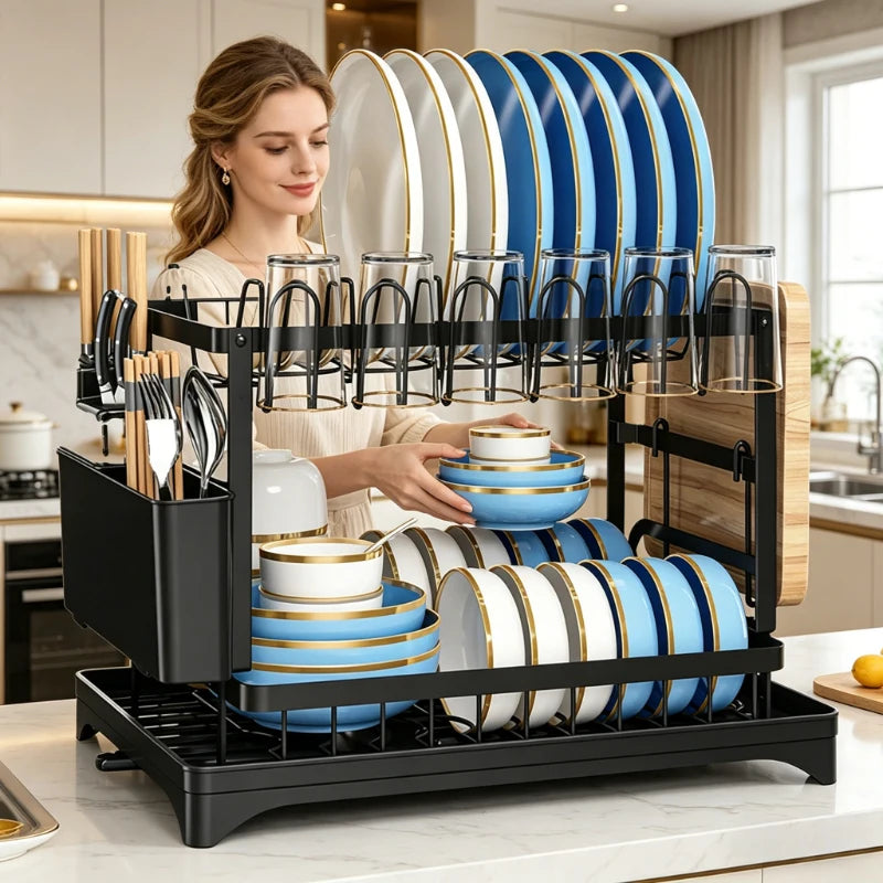 2-Tier Rustproof Metal Dish Drying Rack Multifunctional Space-Saving Kitchen Organizer with Drainboard Utensil Holder Kitchen