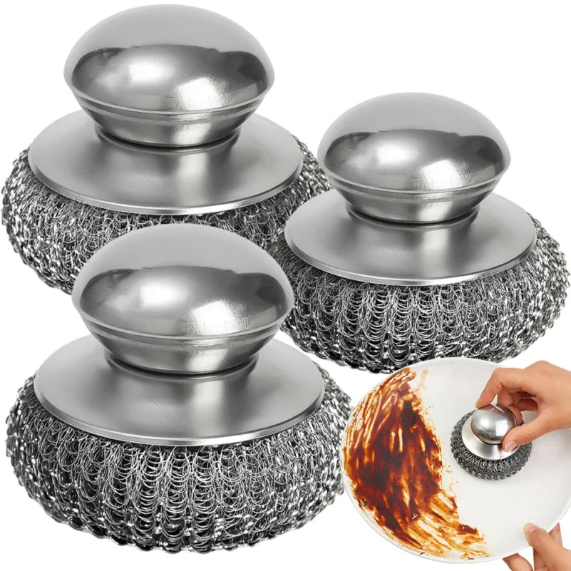 1-10PCS Stainless Steel Pot Brush with Handle Heavy Duty Dishwashing Wire Ball Metal Scrubber for Home Kitchen Cleaning Tool