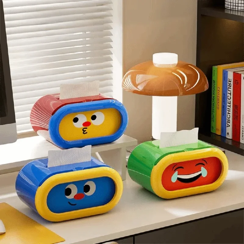 Large-Capacity Cartoon Tissue Box Pull-Out Design Interchangeable Expression Facial Tissue Holder Funny Space-saving