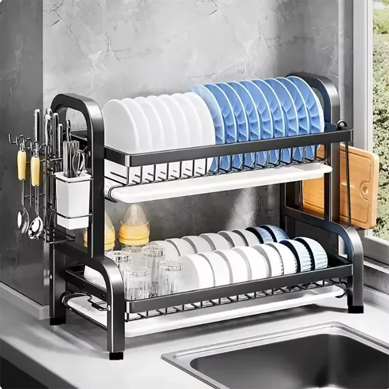 2/3-Tier Carbon Steel Dish Rack with Utensil Holder Compact Rustproof Kitchen dishes dryer Countertop Organizer & Drying Drainer