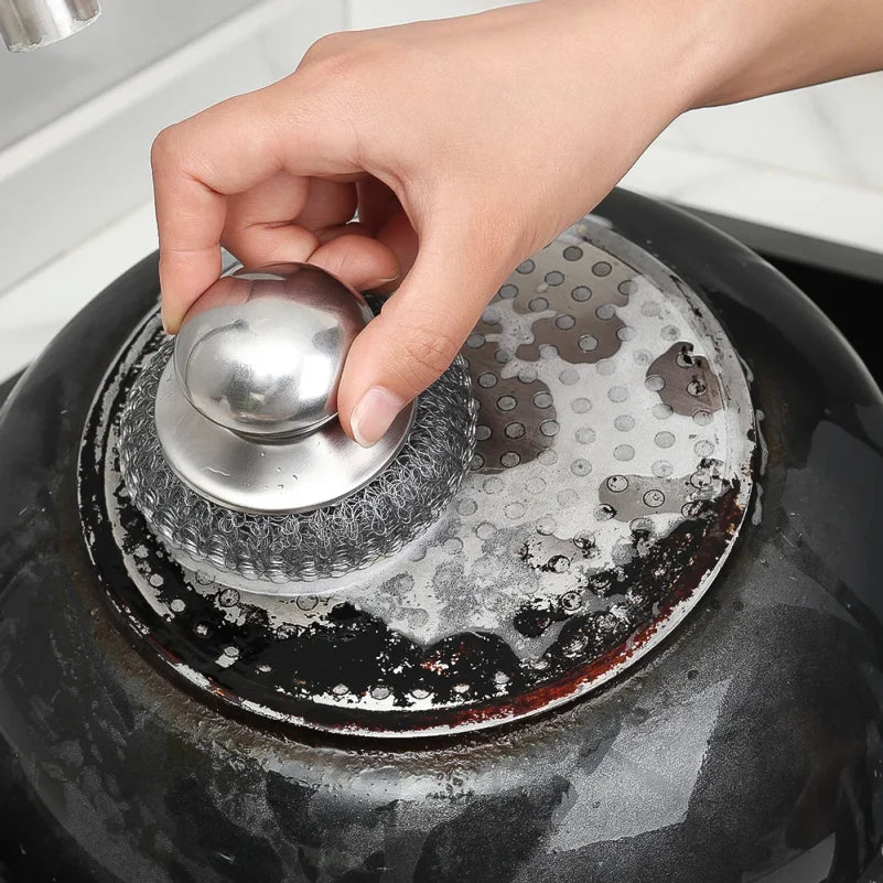 1-10PCS Stainless Steel Pot Brush with Handle Heavy Duty Dishwashing Wire Ball Metal Scrubber for Home Kitchen Cleaning Tool