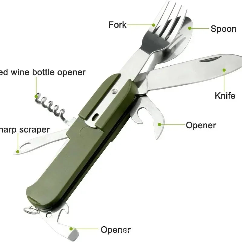7 in 1 Multifunctional Outdoor Camp Tableware Survival Tools Stainless Steel Foldable Fork Spoon Knife Picnic Camping Dinnerware