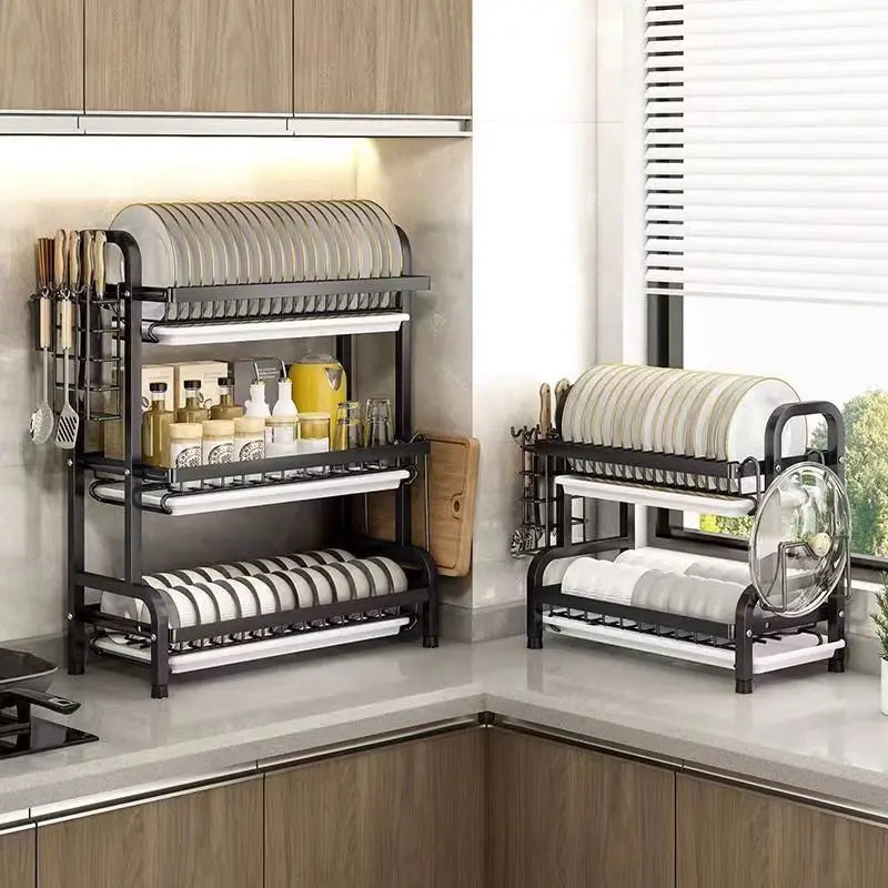 2/3-Tier Carbon Steel Dish Rack with Utensil Holder Compact Rustproof Kitchen dishes dryer Countertop Organizer & Drying Drainer